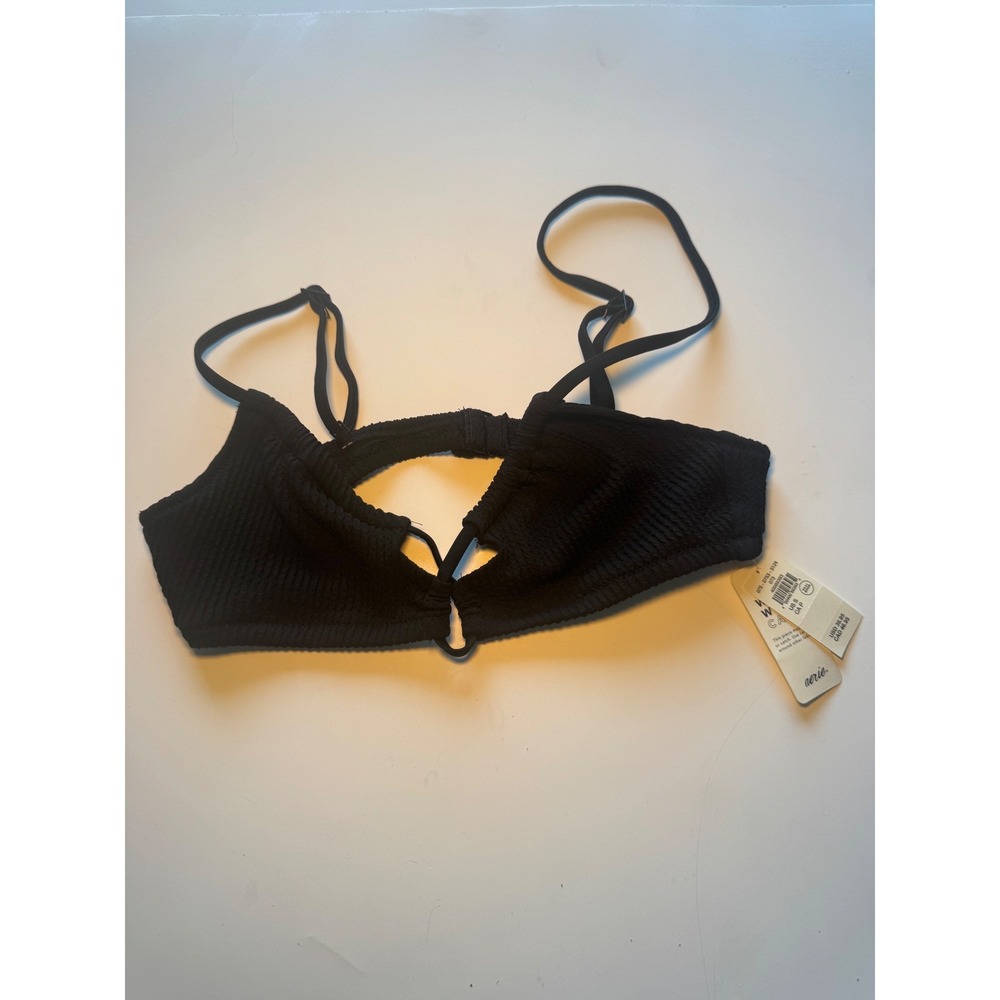 Aerie Black Textured Cutout Bikini Top Crinkle Swim Small 075-0753-5124